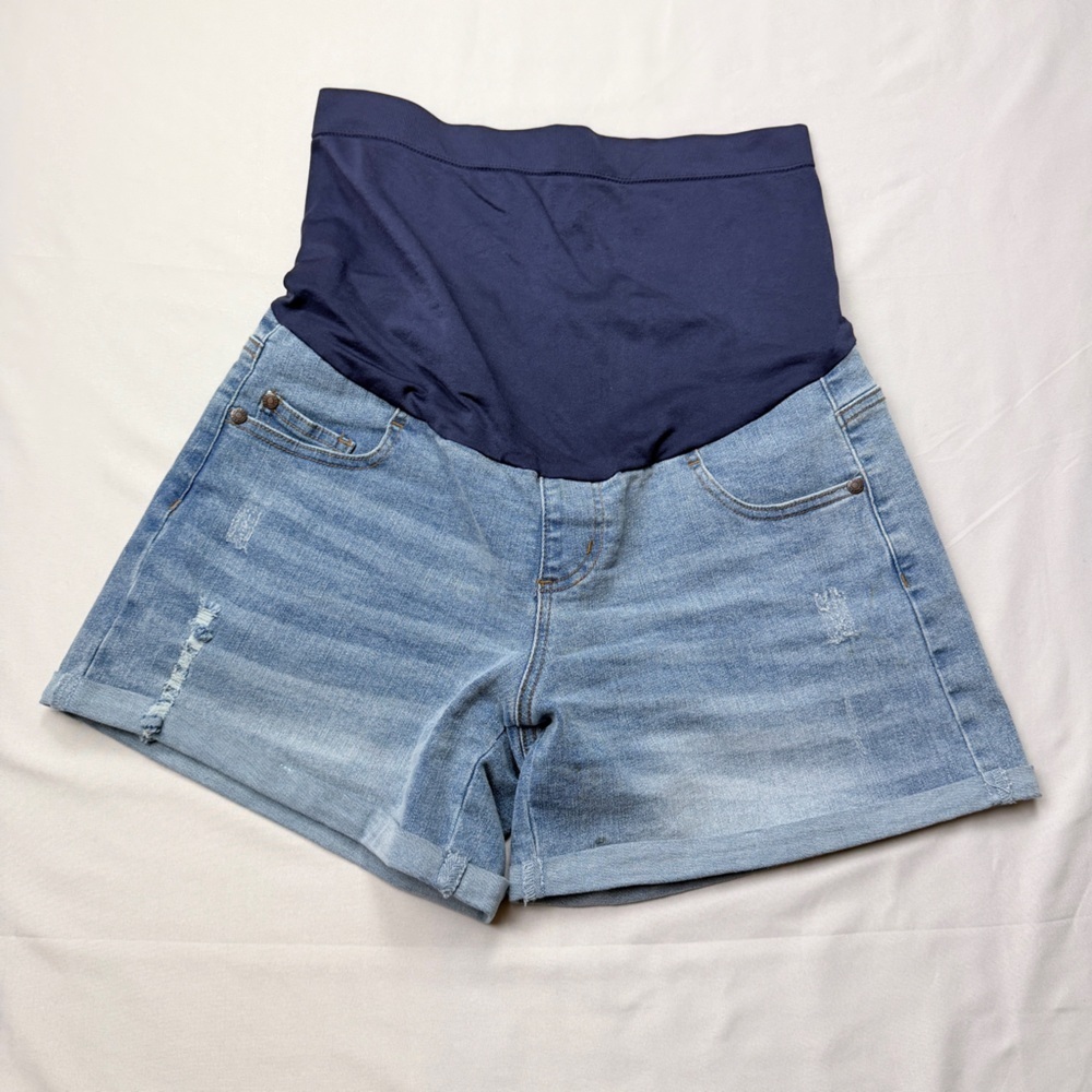 Light Wash Denim Maternity Shorts with Navy Support Panel